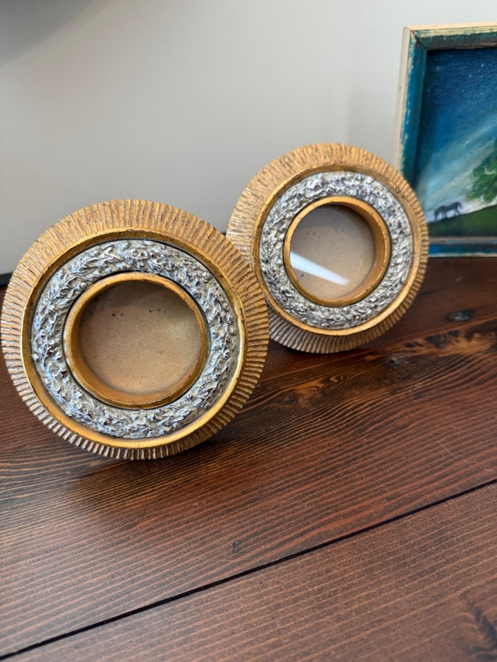 Gold 5” Round Chunky Vintage Terragrafics Fluted Photo Frames with Silver Accent